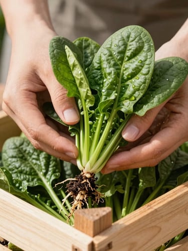 Close-up of hands carefully placing freshly harvested green spinach leaves with soil-dusted roots into a clean wooden crate, soft morning sunlight, editorial food photography.