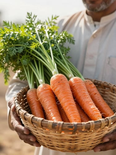 A portrait of a local Egyptian farmer holding a rustic woven basket filled with freshly harvested, vibrant orange carrots with green tops, warm morning sunlight, shallow depth of field, editorial food photography.