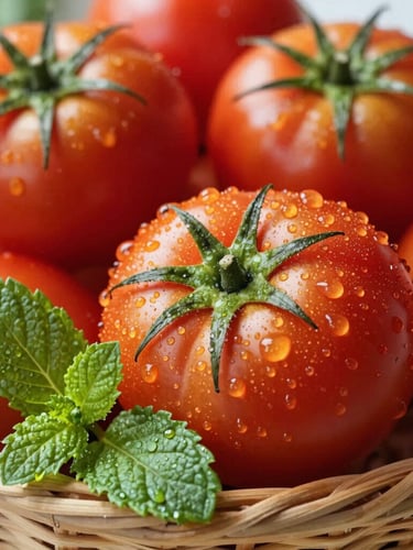 Macro shot of dew-kissed heirloom tomatoes and fresh mint leaves in a rustic woven basket, bright natural morning sunlight, rich organic colors, shallow depth of field