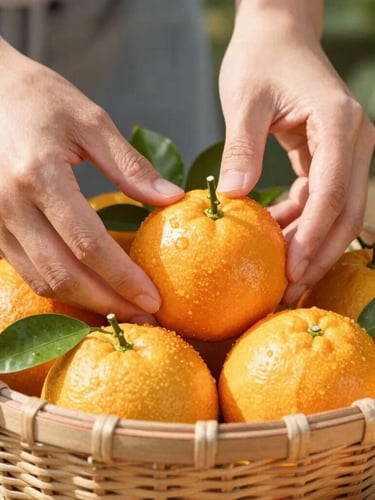 Editorial food photography, close-up of hands carefully sorting vibrant citrus and green leaves into a rustic woven basket, bright morning side-light, shallow depth of field, 35mm
