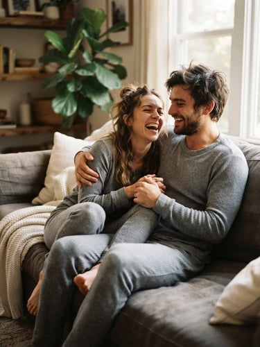Cozy young couple laughing on a couch in a sunlit living room, wearing matching soft gray pajama sets, warm natural window light, shallow depth of field, authentic lifestyle photography