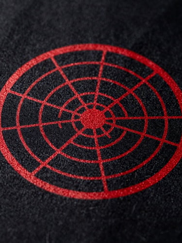Macro extreme close-up of a red high-relief print on black fabric, showing the intricate textured web pattern and fabric fibers under dramatic studio lighting