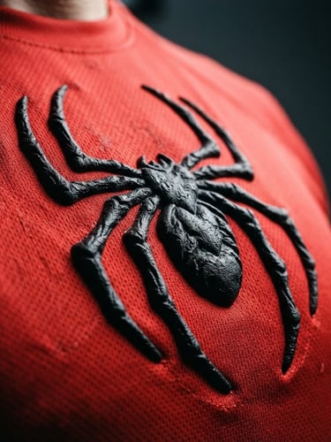 Close-up of a high-relief spider emblem on a red athletic t-shirt, dramatic side lighting emphasizing the raised texture, dark slate background, professional sports photography, 35mm
