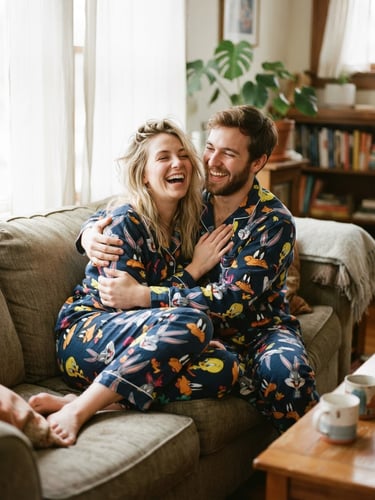 Cozy young couple laughing on a couch wearing matching nostalgic cartoon pajamas, soft morning window light, warm and relaxed atmosphere, 35mm photography