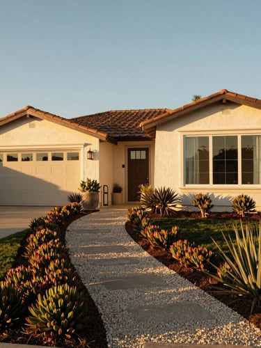Wide environmental shot of a Malibu home with immaculate defensible space, gravel pathways, low-growth succulent gardens, golden hour California sunlight, 35mm