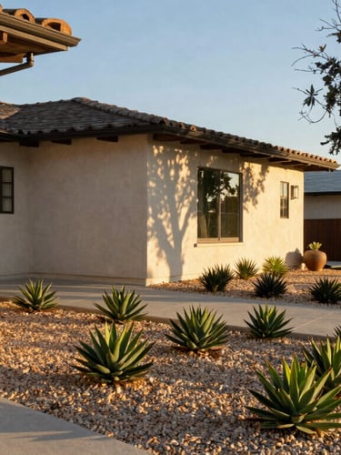 Medium shot of a modern home exterior in Altadena, showing three distinct zones of landscaping: clean gravel near walls, low green succulents further out, and pruned oaks in the distance, warm light