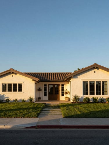 A beautifully landscaped Southern California home in Malibu, clear blue sky, warm golden hour light, showing wide clean defensible space zones around the property, 35mm architectural photography.