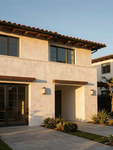 A beautiful architectural home in Pacific Palisades, warm golden-hour California sunlight, clean defensible space, sharp focus on ember-resistant vents.