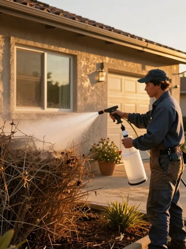 A professional technician in clean uniform spraying a clear, environmentally safe fire-retardant treatment onto the dry brush perimeter of a home, warm golden sunlight, 35mm.