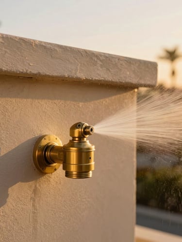 A close-up of a premium, low-profile brass Wetline sprinkler head integrated into a clean roofline, spraying a fine protective mist under golden-hour sunlight.