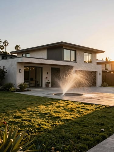 An architectural modern home in Malibu, surrounded by clean defensible space, with a subtle integrated Wetline sprinkler system misting water under warm golden-hour California sunlight.