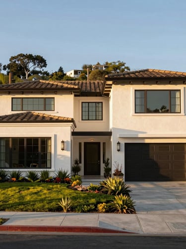 A premium Southern California home in Pacific Palisades, surrounded by clean defensible space and lush fire-resistant landscaping, captured in warm golden-hour California sunlight, sharp architectural focus.