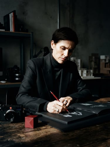 Stark high-contrast environmental portrait of a creative director in a minimalist studio, sharp shadows, dramatic directional key light, crimson red accent details, 35mm film