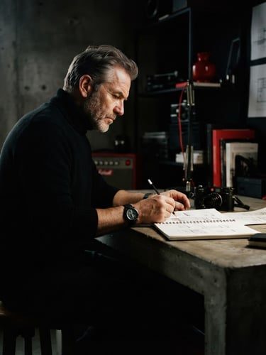 Stark high-contrast environmental portrait of a veteran creative director at a concrete desk, sharp directional key light, deep shadows, red accent elements in background, editorial 35mm film.