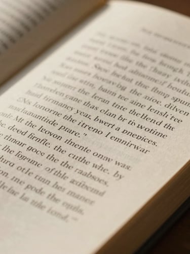 Macro shot of an open physical book, elegant serif typography on warm cream paper, soft side-lit natural daylight, realistic paper texture.