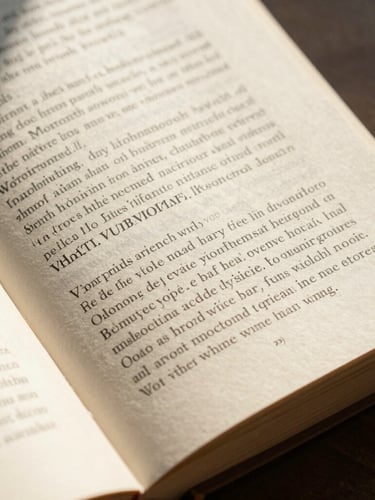 Macro shot of an open, physical book showing elegant serif typography on warm, textured cream paper. Soft, natural side-lit daylight casting realistic shadows. Overhead angle focusing on the grid-like precision of the text block.