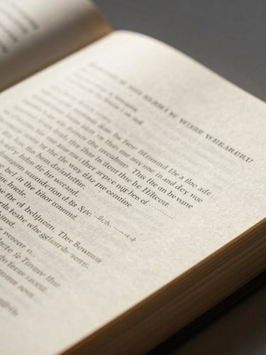 Macro details of an open physical book showing elegant serif typography, heavy paper texture, and soft natural side-lit daylight with realistic shadows.