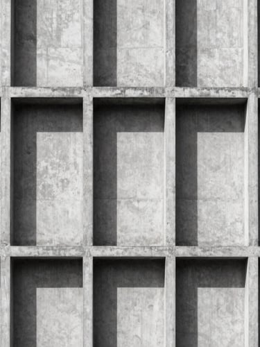 Minimalist architectural photography of a brutalist concrete building facade, harsh direct sunlight casting sharp geometric shadows, high contrast charcoal and white tones, 35mm lens