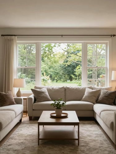 Warm natural daylight illuminating a comfortable, modern living room in Warren, Ohio, with a large window showing green trees outside, clean and welcoming atmosphere, wide environmental shot