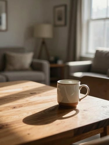 Warm, natural daylight streaming into a cozy living room in Warren, Ohio. A wooden dining table sits in the foreground with a ceramic mug, soft focus on comfortable armchairs in the background, high contrast, natural textures.