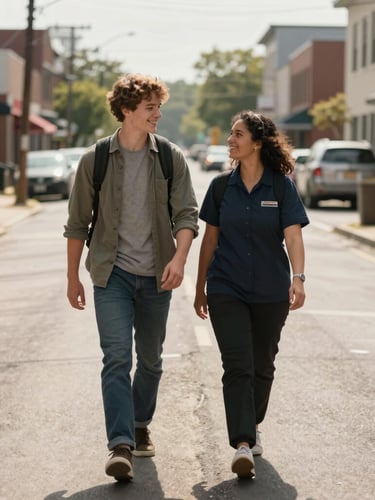 A smiling young adult and a support worker walking down a clean, sunlit street in Warren, Ohio, warm natural daylight, candid moment.