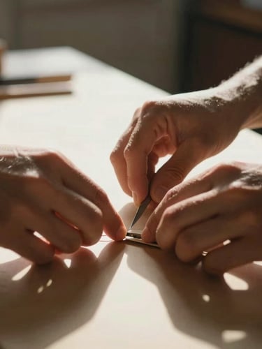 A close-up of hands working together on a craft project in a sunlit room, natural warm daylight, high contrast, shallow depth of field.