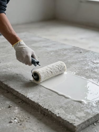Hands in gloves hand-rolling a clear epoxy primer coat onto a bare concrete slab in an empty residential interior, controlled strobe lighting from the left isolating the wet sheen of fresh primer against the grey substrate, tight mid-angle framing showing the roller and the surface in equal detail