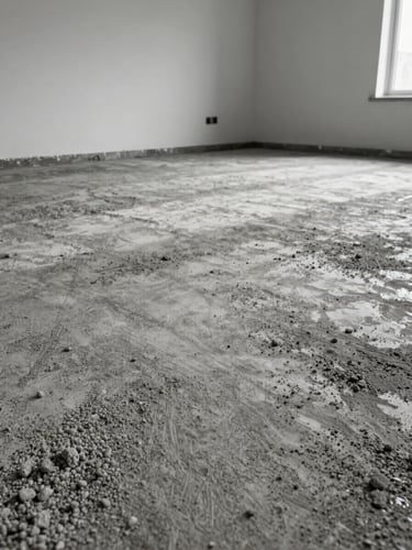 Low-angle close-up of a concrete subfloor being mechanically ground and profiled in an empty residential room, controlled studio strobe lighting raking across the surface to reveal every pore and imperfection, bare walls, no furniture, precise industrial equipment in frame