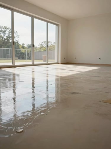 Wide-angle environmental shot of a finished epoxy floor in an empty residential living room, natural daylight flooding in from floor-to-ceiling windows on the left, the sealed surface reflecting the window light with mirror-like clarity, low-angle perspective emphasizing the floor's visual weight, bare walls, no furniture