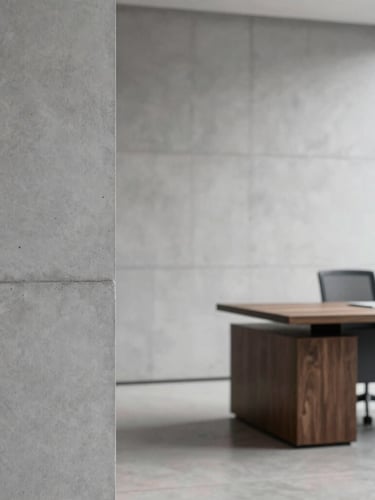 Minimalist corporate office interior with clean lines, soft natural daylight on a grey concrete wall, a single dark wooden desk in the background, shallow depth of field, 35mm