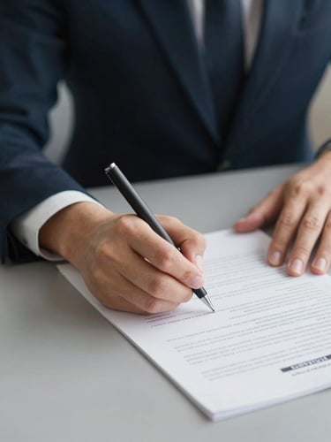 Close-up of a business professional's hands signing structured financial documents on a warm grey desk, soft natural daylight, shallow depth of field, 35mm