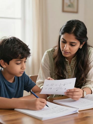 A focused one-on-one tutoring session in a bright Pakistani home study, a qualified female tutor explaining mathematics to a young student, natural daylight, professional and warm atmosphere.