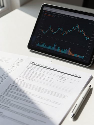 A clean, modern professional workspace with a tablet displaying financial charts next to official tax documents, bright natural daylight, high clarity.