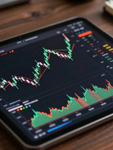 Close-up of a clean tablet screen displaying detailed candlestick charts and technical indicators, resting on a dark wooden desk next to a notebook.