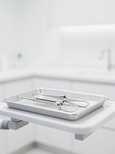 Bright high-key dental photography of a spotless modern hygiene bay in Midtown Manhattan, soft white light, clean instruments on a tray, shallow depth of field.