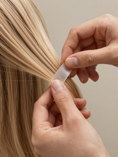 Close-up of clean, soft hands meticulously aligning a thin, transparent adhesive hair extension bond onto a section of natural blonde hair, soft daylight.