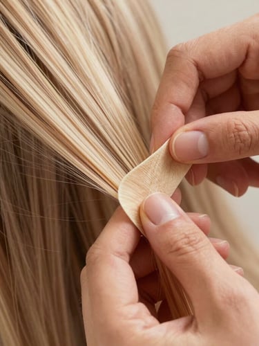 Macro photography of delicate hands applying a flat, ultra-thin adhesive hair extension bond to clean natural hair, soft daylight, warm tones, focus on the seamless integration.