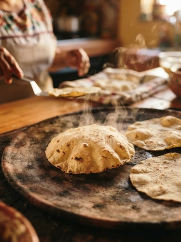 Close-up of fresh corn tortillas inflating on a hot clay comal, warm afternoon light, steam rising, shallow depth of field, 35mm