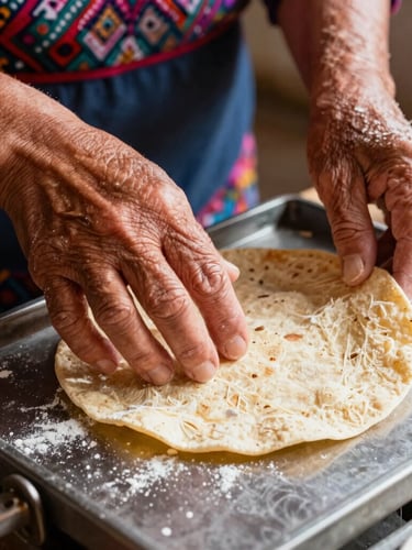 Close-up of an older Mexican woman's hands gently pressing a fresh corn tortilla on a metal press, flour dust in the air, warm afternoon light, 35mm photography.