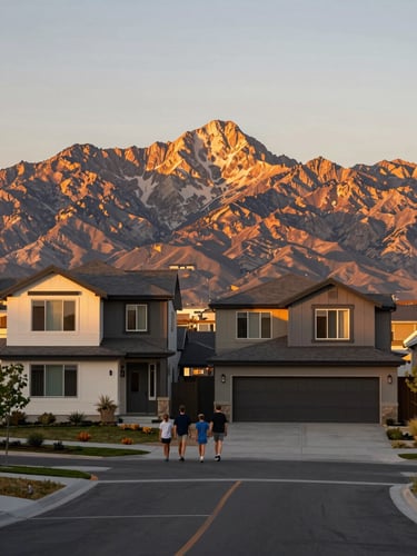 Wide landscape view from a modern suburban driveway in Herriman Utah, Wasatch mountain range filling the background at golden hour, a family walking toward a two-story contemporary home on the left third, warm amber light across the peaks, open sky above