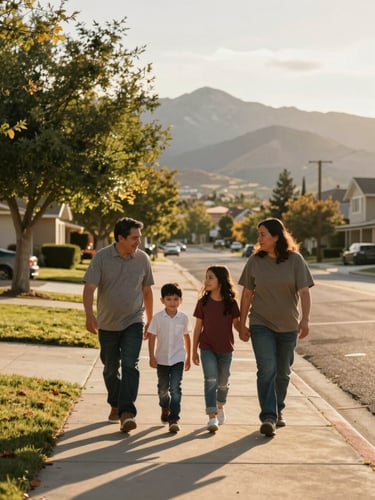 Wide shot of a Hispanic family walking together on a tree-lined suburban street in South Jordan Utah, Wasatch mountain range visible in the background at golden hour, warm late-afternoon light casting long shadows on the sidewalk, medium environmental framing