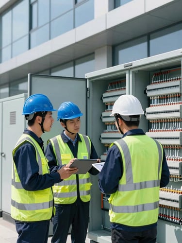 Wide environmental shot of professional technical team in safety gear analyzing a modern electrical panel with a digital tablet, crisp daylight, cool blue and green accents, 35mm lens