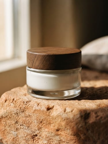 A close-up portrait of a glass jar of moisturizer sitting on a warm, textured terracotta stone, soft side-lit window daylight, high-contrast shadows