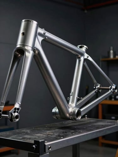 Extreme close-up of a raw steel motorcycle frame hanging on a heavy-duty curing rack, dramatic rim lighting highlighting the metallic edge, dark charcoal workshop background.