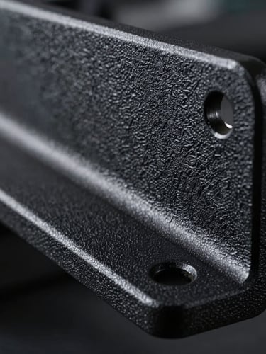 Extreme close-up of a textured matte black powder coated steel bracket showing heavy wrinkle finish under sharp rim lighting.