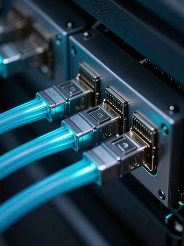 Macro close-up of modern server hardware interfaces with cool cyan fiber optic cables glowing in a dark server room, 35mm lens