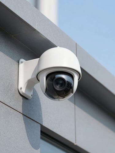 Close-up of a mounted high-definition dome IP camera against modern clean architectural lines, cool daylight, slate gray tones