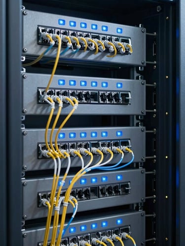 Organized server cabinet with glowing blue status lights and structured fiber optic patch panels, tight technical angle, cool lighting