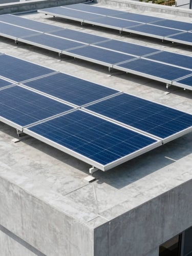 Sharp technical photography of commercial solar panels installed on a modern flat concrete roof, cool crisp daylight, slate and electric blue tones, clean architectural angles, 50mm lens