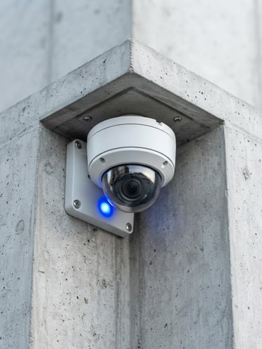 Close-up of a high-definition dome IP camera mounted on a clean concrete architectural corner, crisp daylight, electric blue status light glowing, sharp technical photography